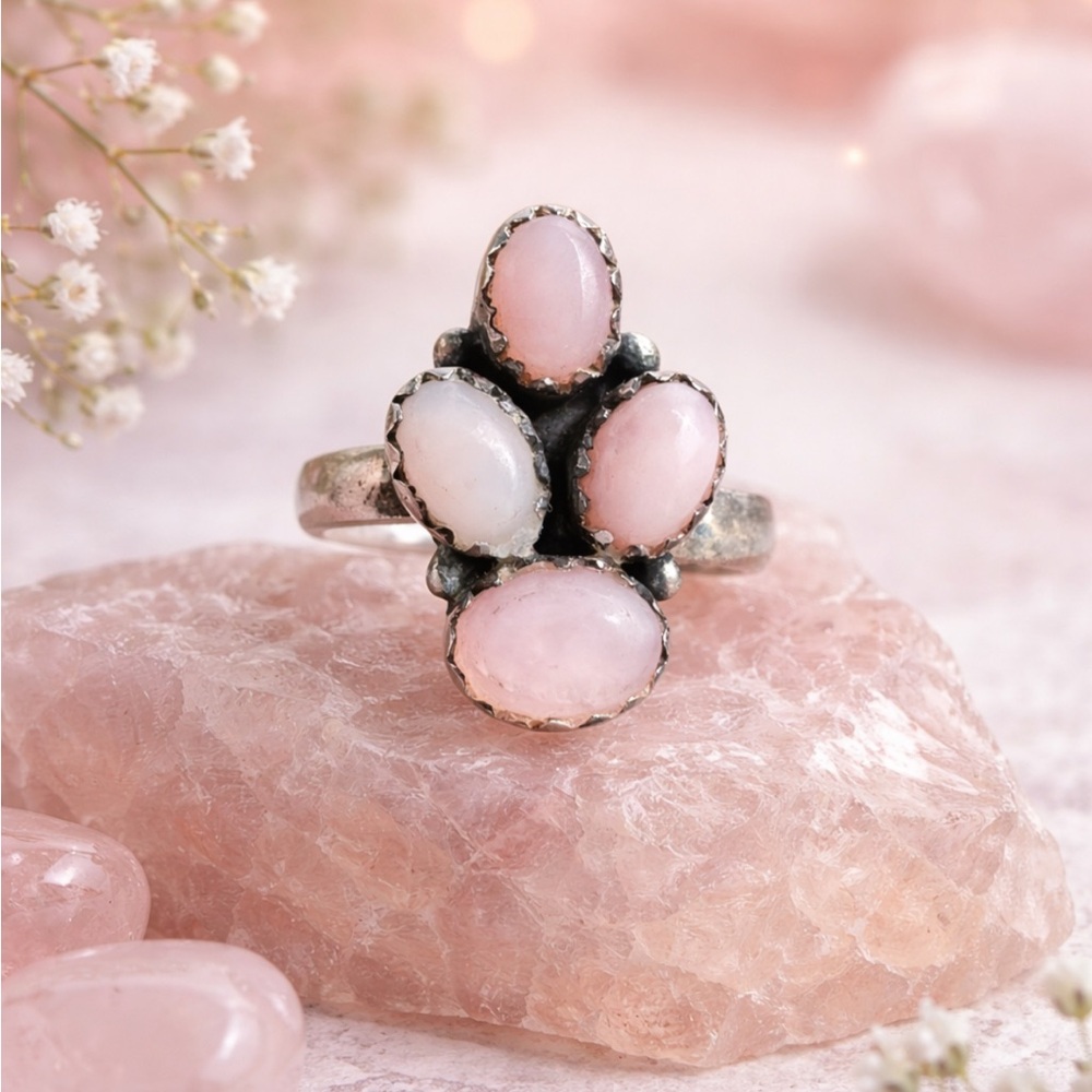 NEW Native Inspired Sterling Silver 925 Stamped Pink Opal Adjustable Ring